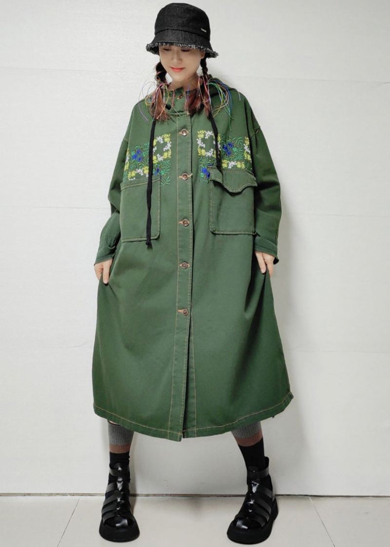 Trench-coat Long En Denim Avec Poches À Capuche Vert Armée Ample Automne - Trenchs femmes