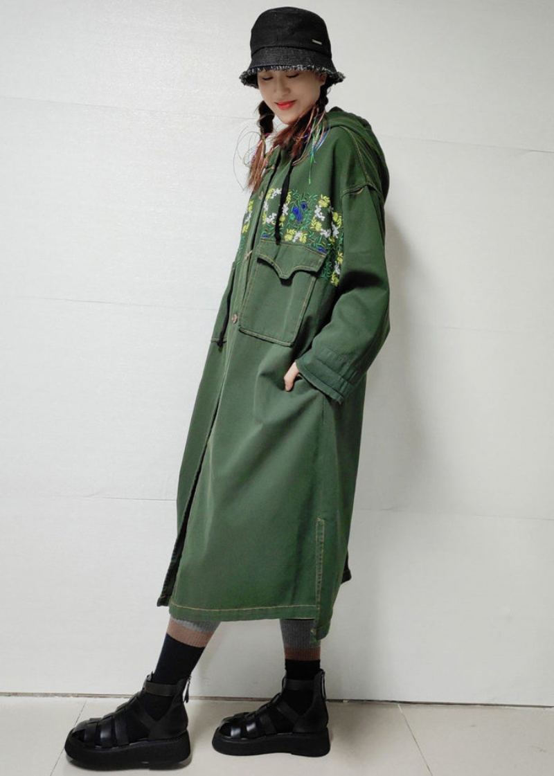 Trench-coat Long En Denim Avec Poches À Capuche Vert Armée Ample Automne - Trenchs femmes