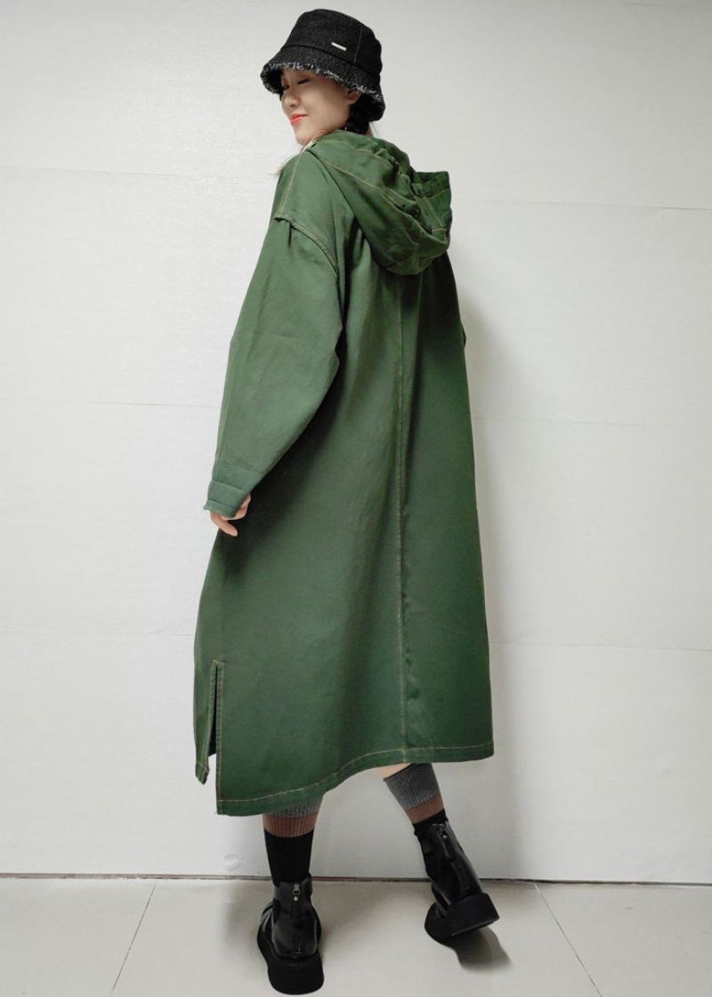 Trench-coat Long En Denim Avec Poches À Capuche Vert Armée Ample Automne - Trenchs femmes