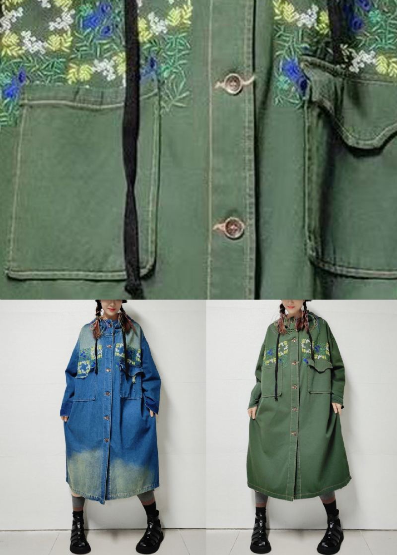 Trench-coat Long En Denim Avec Poches À Capuche Vert Armée Ample Automne - Trenchs femmes