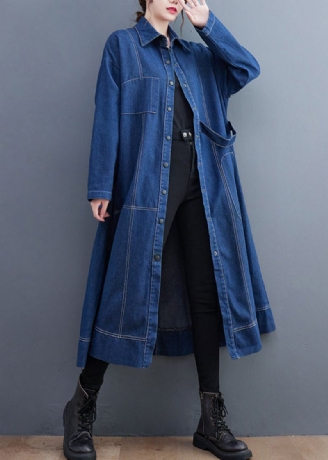 Trench-coat Long En Denim Bleu Patchwork Col Peter Pan Manches Longues