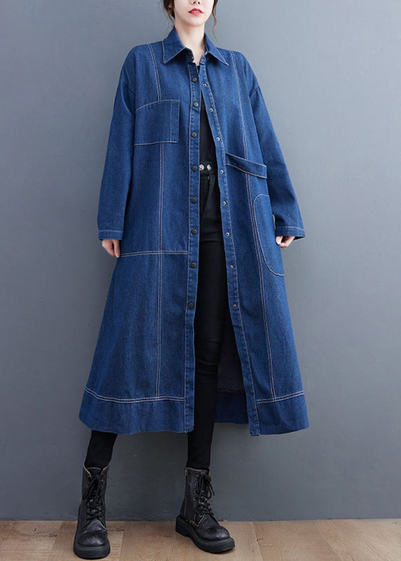 Trench-coat Long En Denim Bleu Patchwork Col Peter Pan Manches Longues - Trenchs femmes