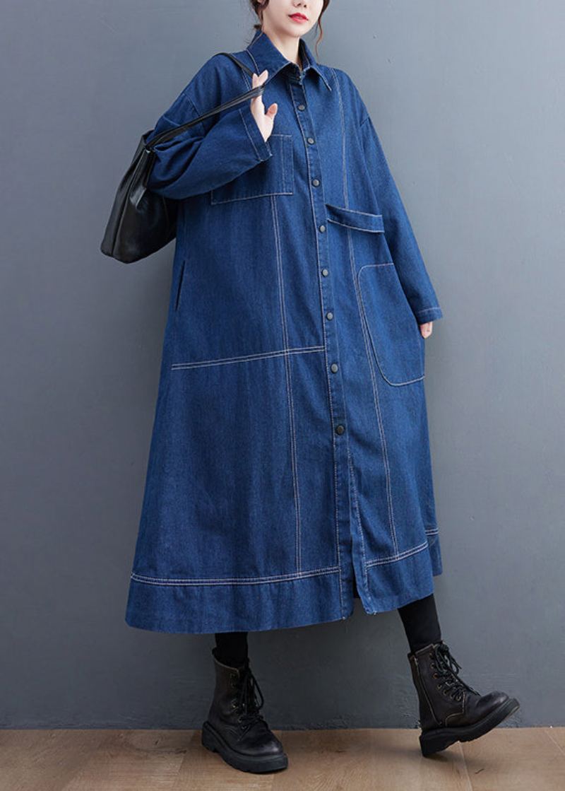 Trench-coat Long En Denim Bleu Patchwork Col Peter Pan Manches Longues - Trenchs femmes