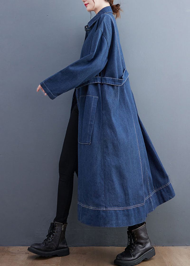 Trench-coat Long En Denim Bleu Patchwork Col Peter Pan Manches Longues - Trenchs femmes