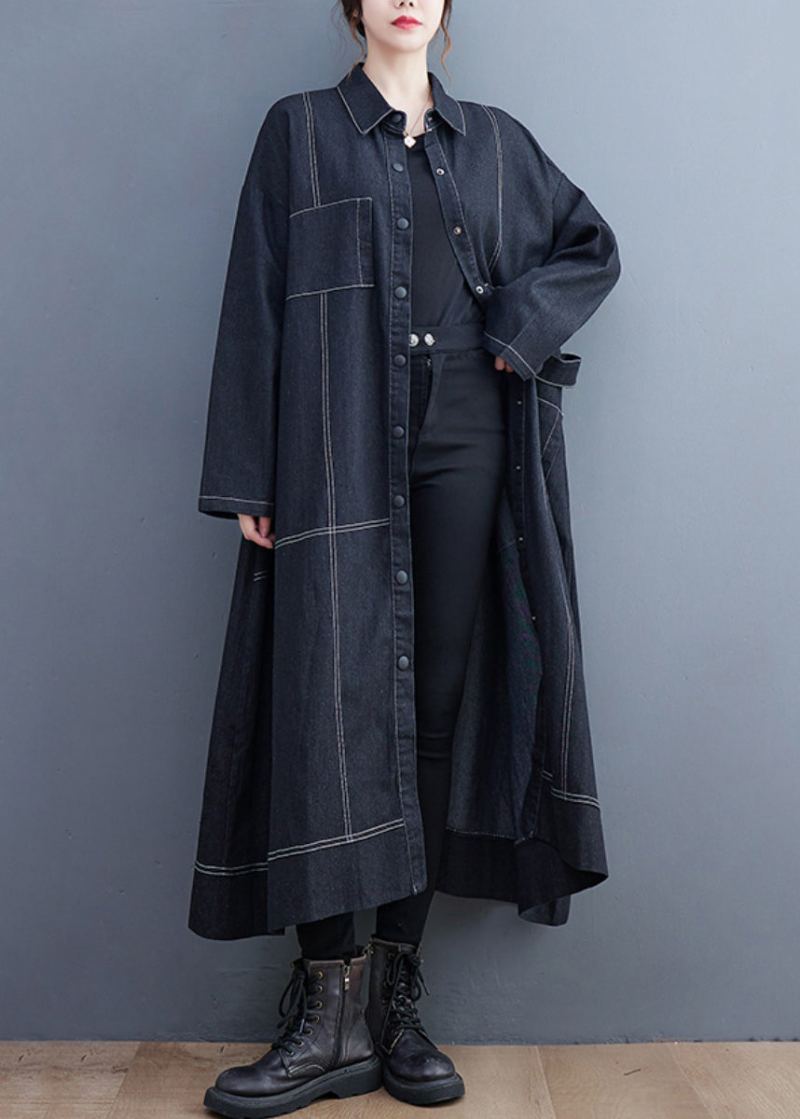 Trench-coat Long En Denim Noir Avec Poches Boutonnées Automne