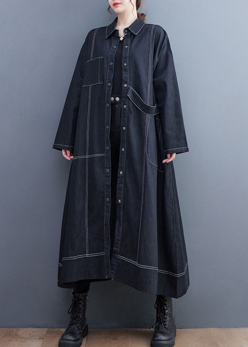 Trench-coat Long En Denim Noir Avec Poches Boutonnées Automne - Trenchs femmes