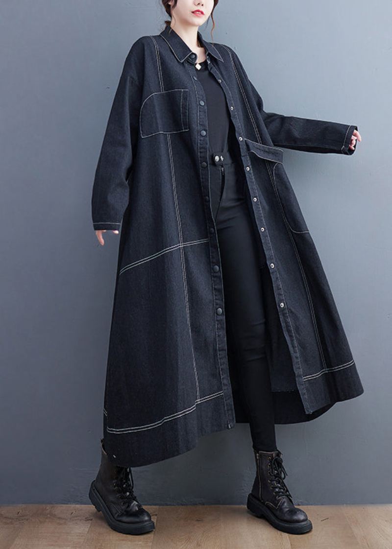 Trench-coat Long En Denim Noir Avec Poches Boutonnées Automne - Trenchs femmes