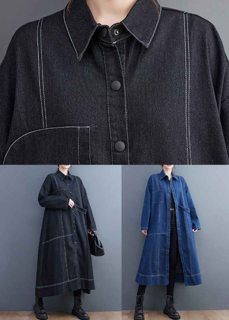 Trench-coat Long En Denim Noir Avec Poches Boutonnées Automne - Trenchs femmes