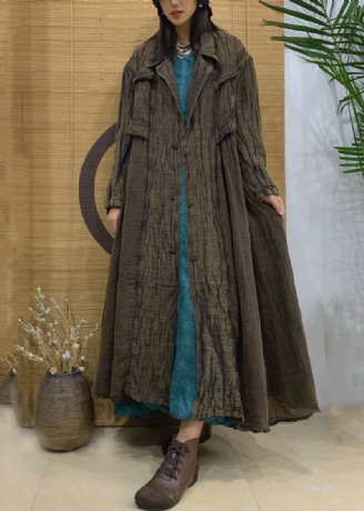 Trench-coat Long En Lin Avec Poches Vert Manches Longues Crantées