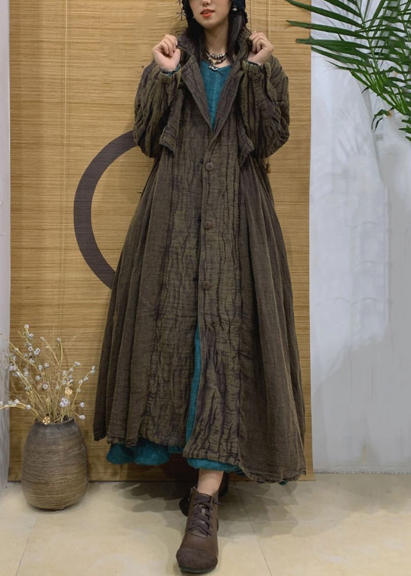 Trench-coat Long En Lin Avec Poches Vert Manches Longues Crantées - Trenchs femmes