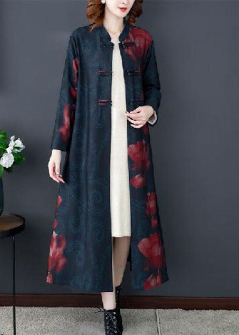 Trench-coat Long En Soie Imprimé Rouge Col Montant Bouton Oriental Manches Longues - Rouge