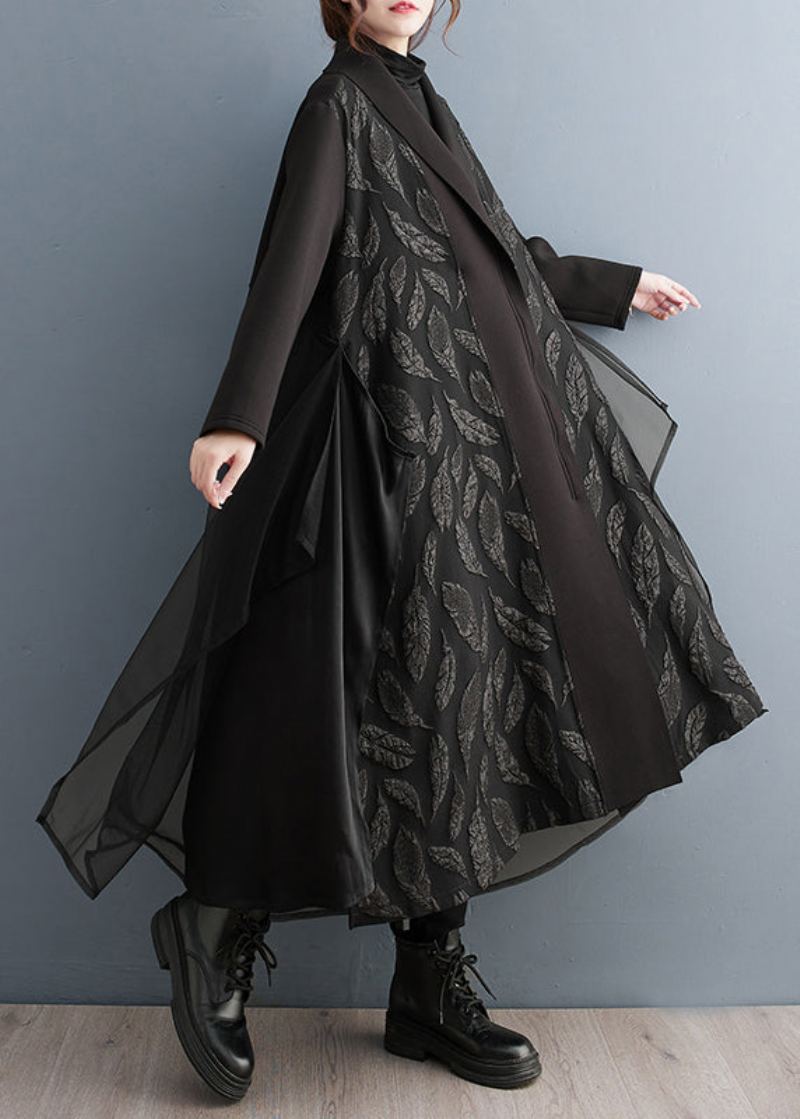 Trench-coat Long En Tulle Imprimé À Fermeture Éclair Noir Ample Patchwork Automne