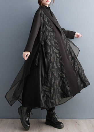 Trench-coat Long En Tulle Imprimé À Fermeture Éclair Noir Ample Patchwork Automne