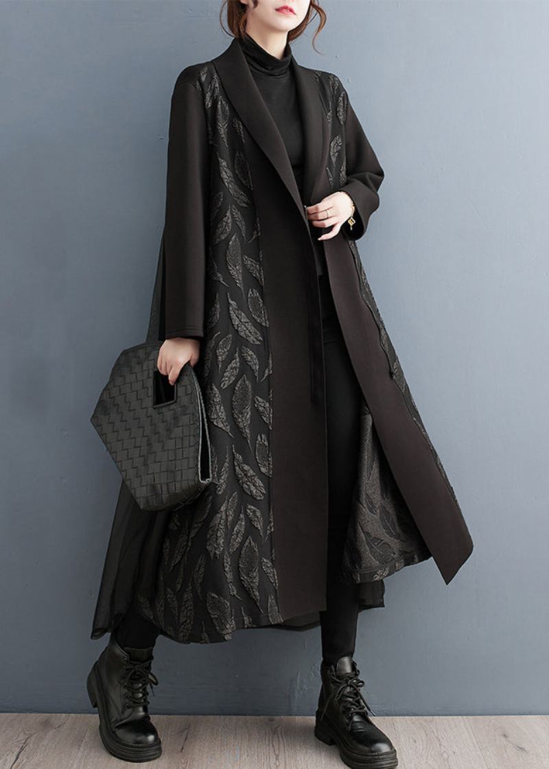 Trench-coat Long En Tulle Imprimé À Fermeture Éclair Noir Ample Patchwork Automne - Trenchs femmes