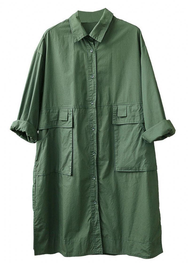 Trench-coat À Manches Longues Avec Col Peter Pan Et Poches Boutonnées Vert Thé Ample Automne - Trenchs femmes