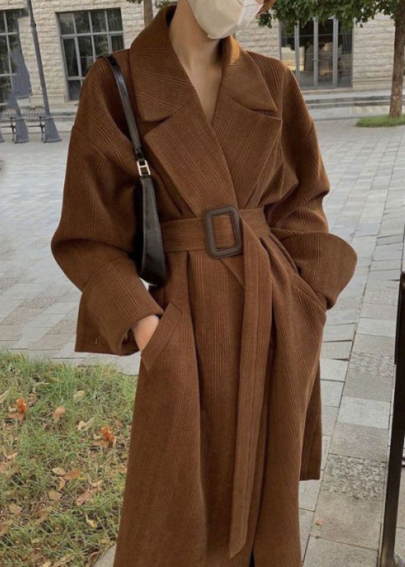 Trench-coat Marron Avec Poches Crantées Et Ceintures Grande Taille Printemps