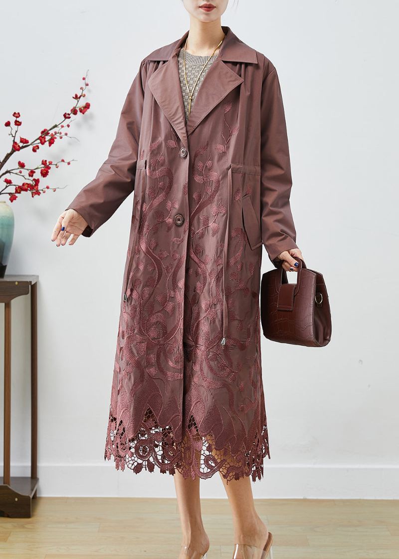 Trench-coat Marron En Élasthanne Brodé À La Taille Avec Cravate Automne