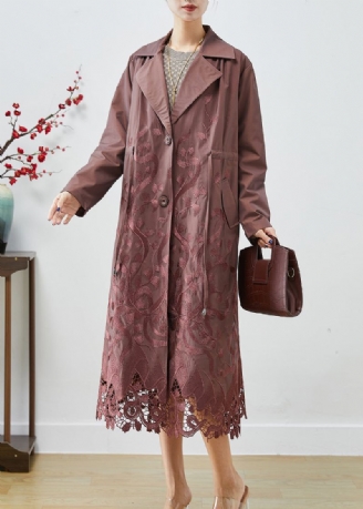 Trench-coat Marron En Élasthanne Brodé À La Taille Avec Cravate Automne