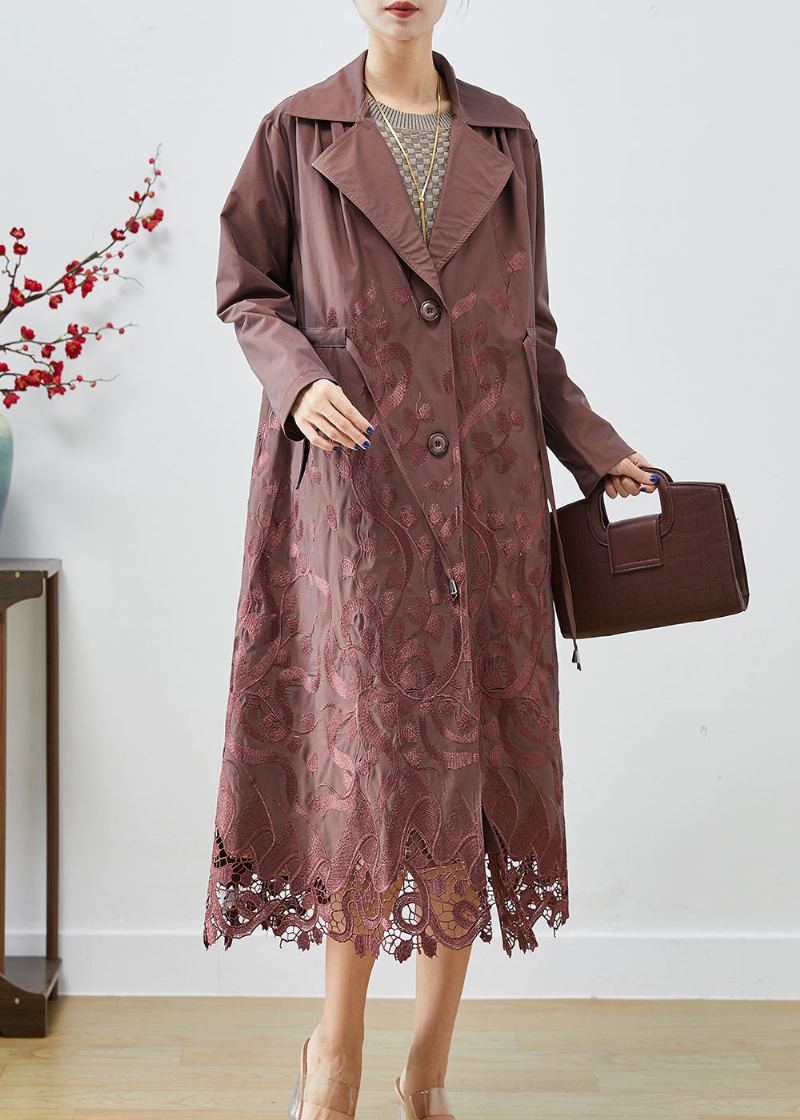 Trench-coat Marron En Élasthanne Brodé À La Taille Avec Cravate Automne - Trenchs femmes