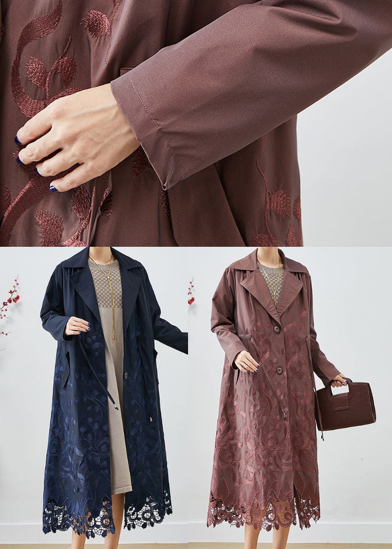 Trench-coat Marron En Élasthanne Brodé À La Taille Avec Cravate Automne - Trenchs femmes