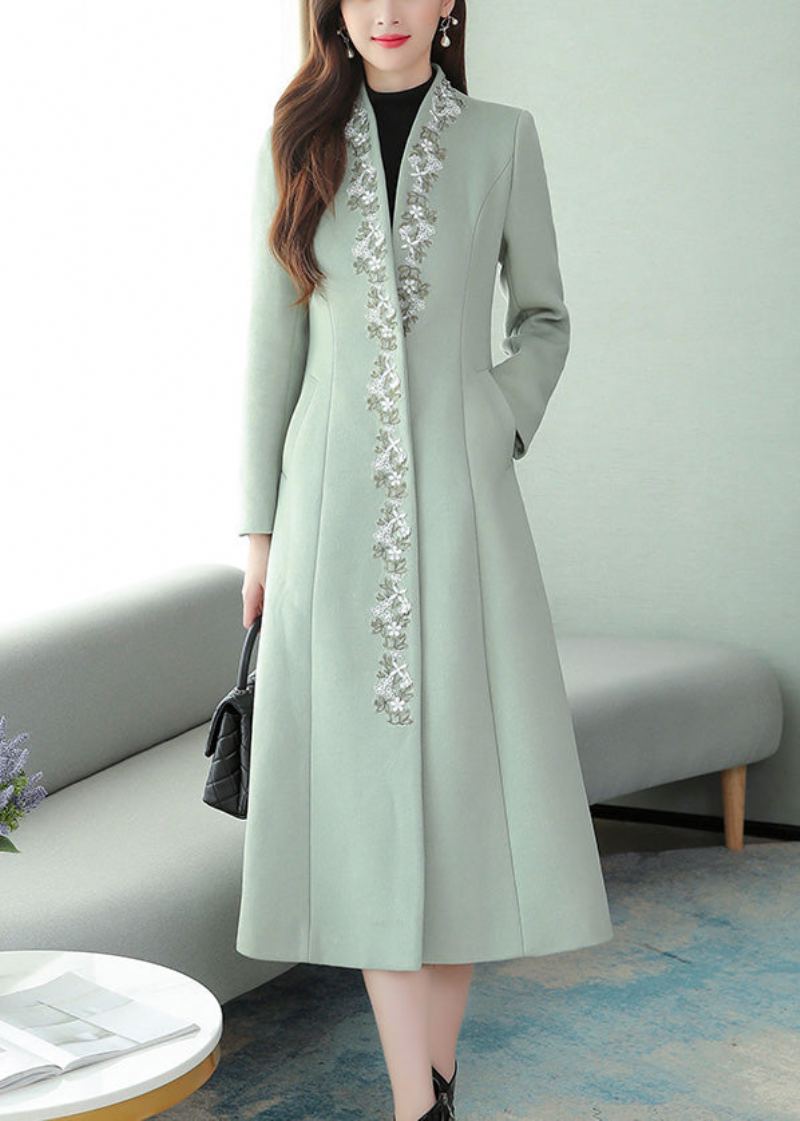 Trench-coat Maxi En Laine Floral Brodé Vert Menthe À Manches Longues