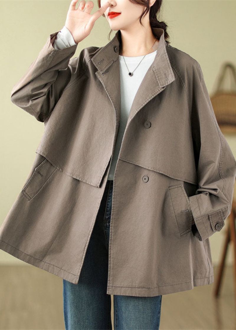 Trench-coat Moka Français Col Montant Poches Patchwork Boutons Automne