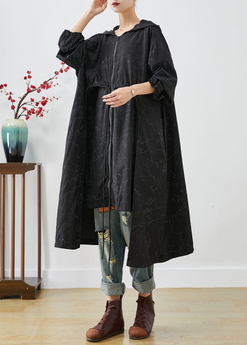 Trench-coat Noir Asymétrique Surdimensionné Imprimé Avec Cordon De Serrage Élégant Automne - Trenchs femmes