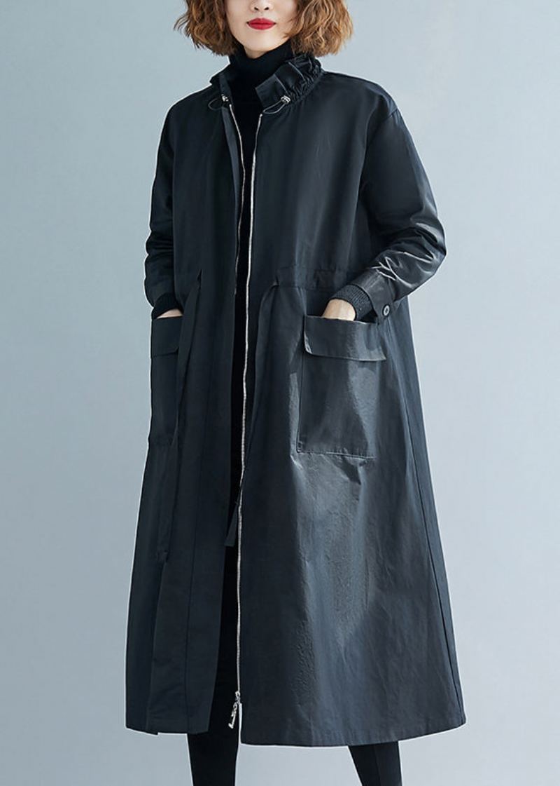 Trench-coat Noir En Coton Avec Poches À Volants Grande Taille Patchwork Automne