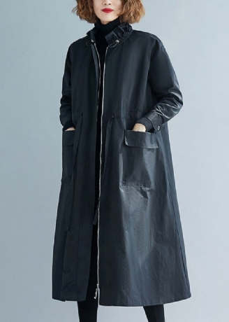 Trench-coat Noir En Coton Avec Poches À Volants Grande Taille Patchwork Automne