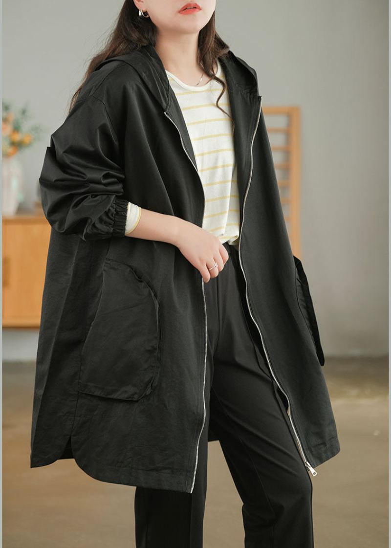 Trench-coat Noir En Coton De Couleur Unie Grande Taille Fermeture Éclair Automne - Noir