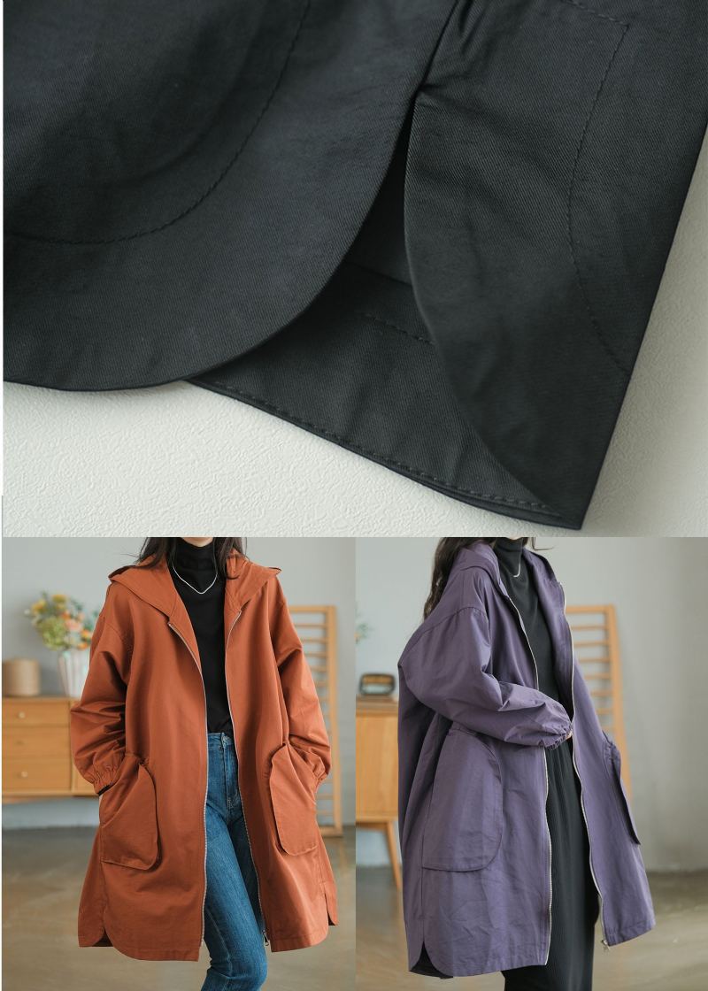 Trench-coat Noir En Coton De Couleur Unie Grande Taille Fermeture Éclair Automne - Noir