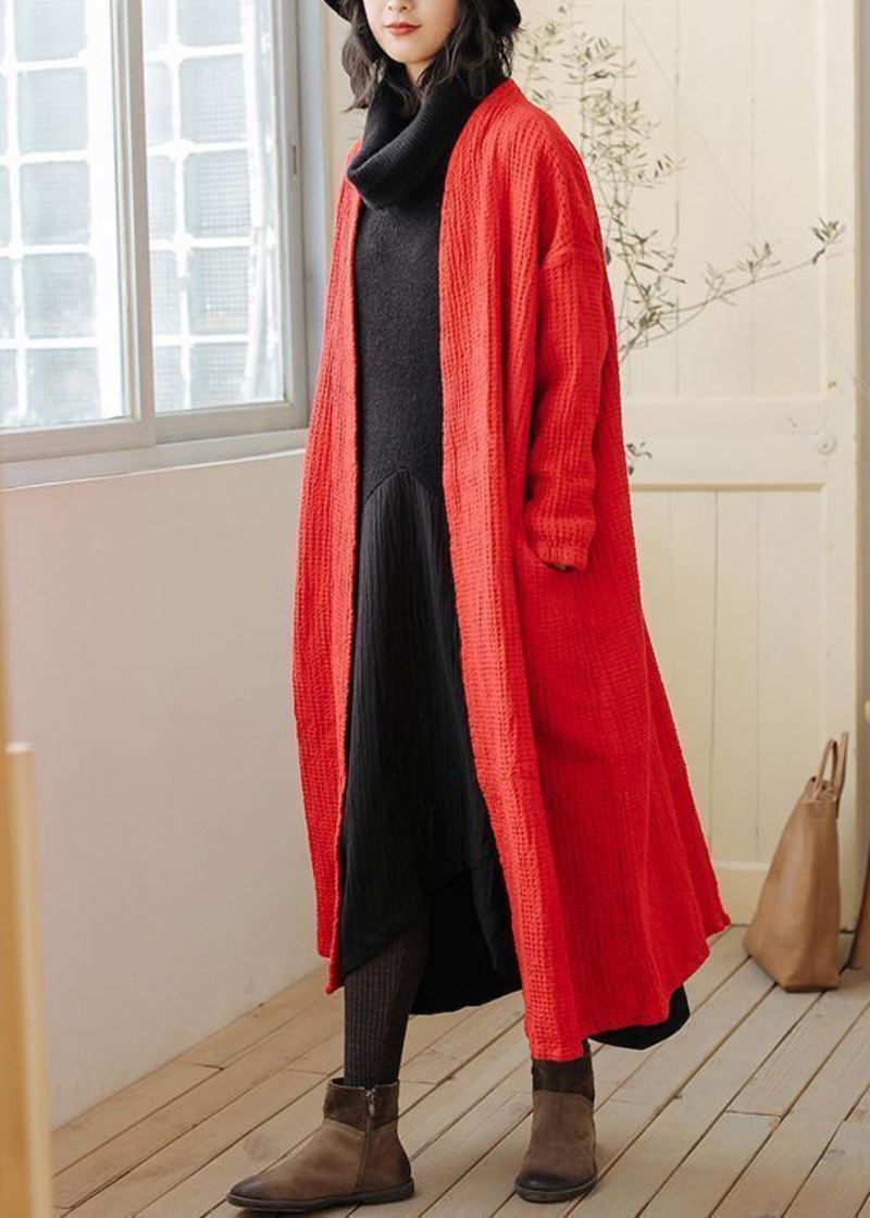 Trench-coat Rouge Naturel Grande Taille Tenues Avec Poches Manteaux D'automne Pour Femmes - Rouge