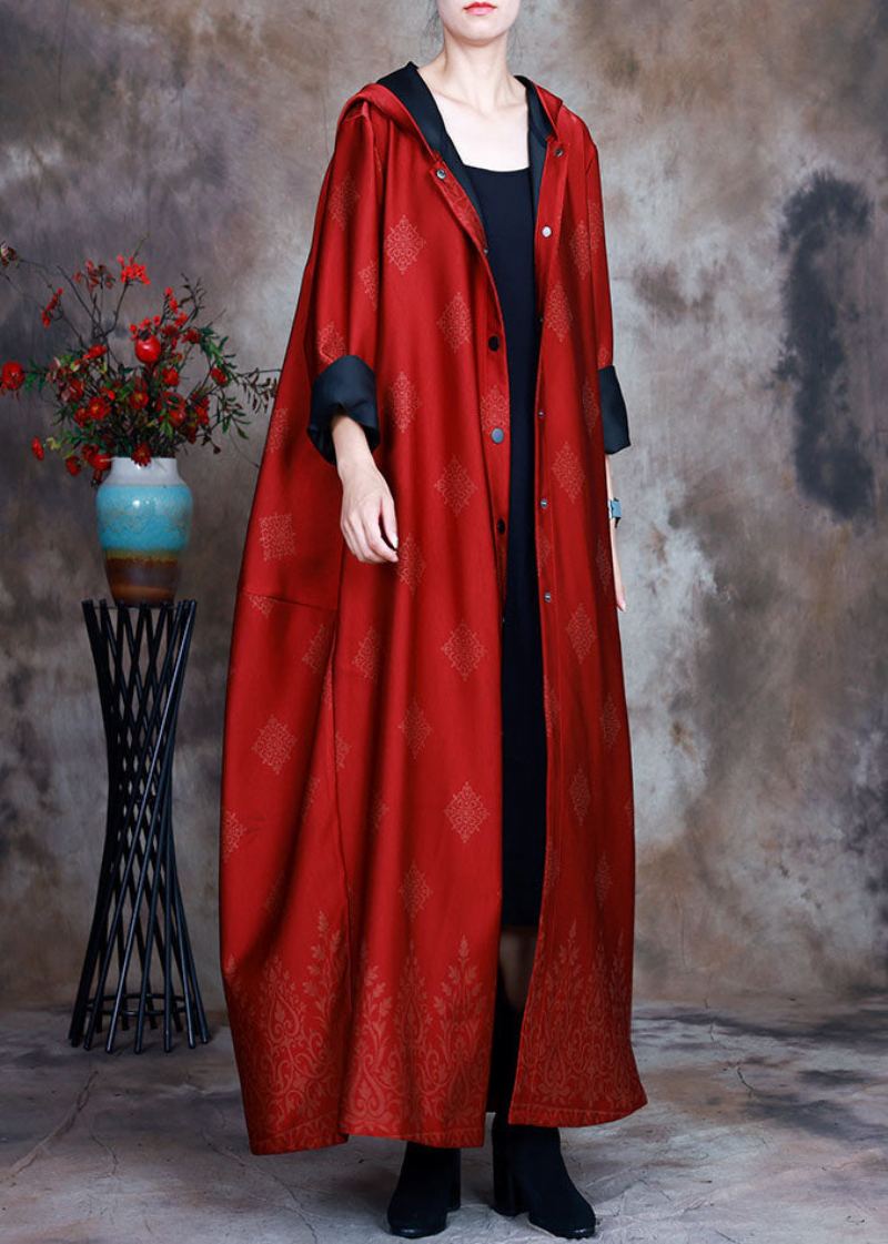 Trench-coat En Satin Rouge Bouton Design Asymétrique Printemps