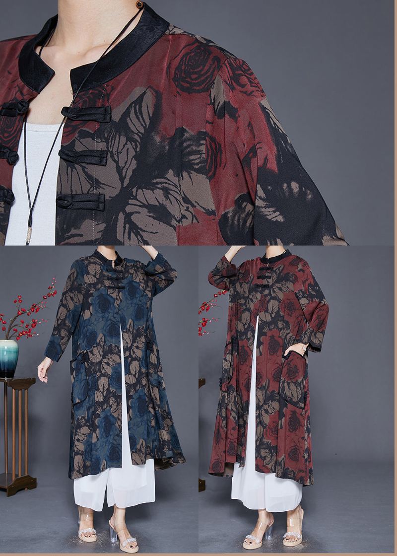 Trench-coat En Soie Imprimé Rouge Surdimensionné Bouton Chinois Automne - Trenchs femmes