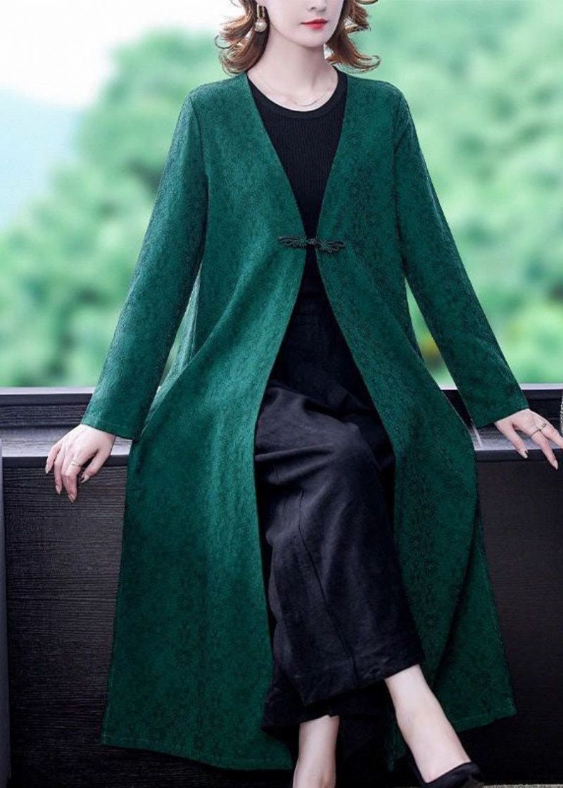 Trench-coat En Soie Jacquard Vert Col En V Manches Longues Orientales - Vert