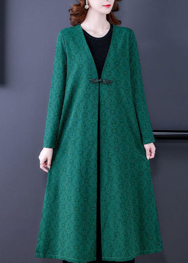 Trench-coat En Soie Jacquard Vert Col En V Manches Longues Orientales - Vert