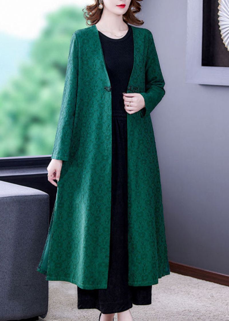 Trench-coat En Soie Jacquard Vert Col En V Manches Longues Orientales - Vert