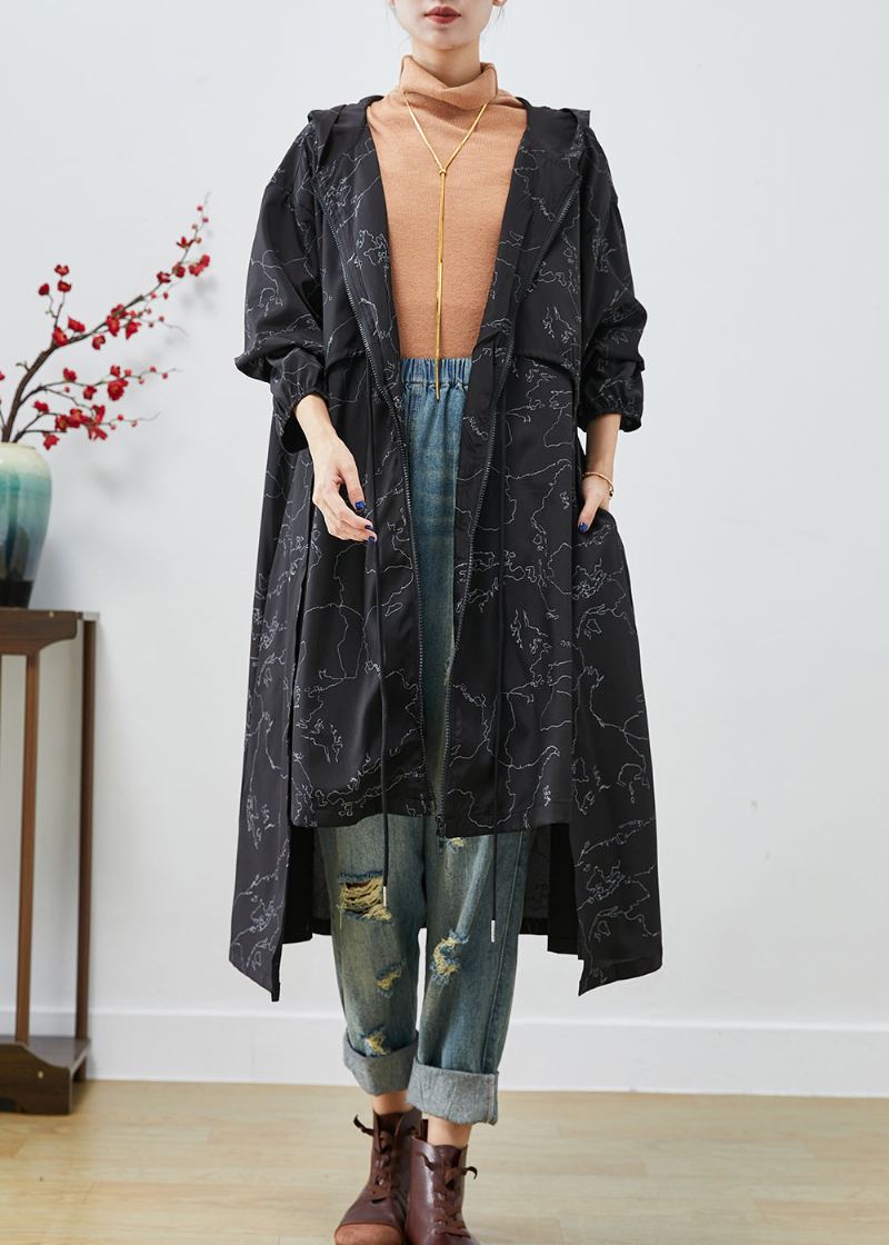 Trench-coat En Spandex Avec Cordon De Serrage Imprimé Asymétrique Noir Boho Automne