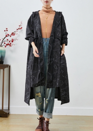 Trench-coat En Spandex Avec Cordon De Serrage Imprimé Asymétrique Noir Boho Automne