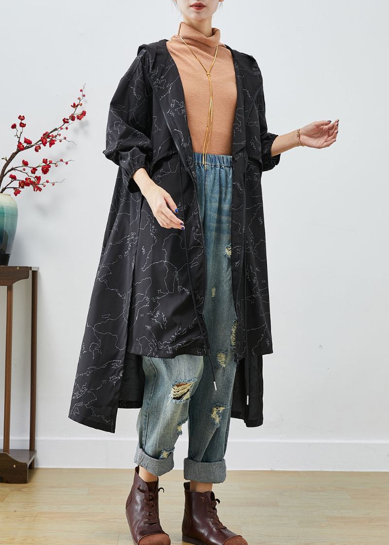 Trench-coat En Spandex Avec Cordon De Serrage Imprimé Asymétrique Noir Boho Automne - Trenchs femmes