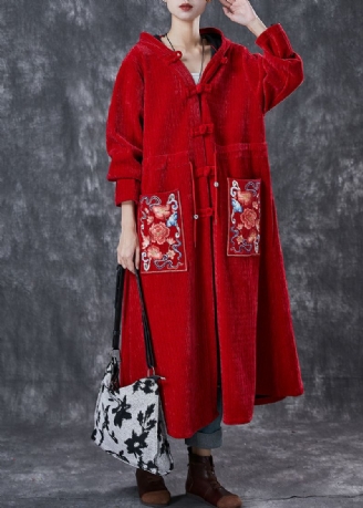 Trench-coat En Velours Côtelé Polaire Chaud Oriental Rouge Brodé Hiver