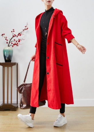 Trench-coat En Velours Côtelé Rouge À Capuche Et Grandes Poches Grande Taille Automne