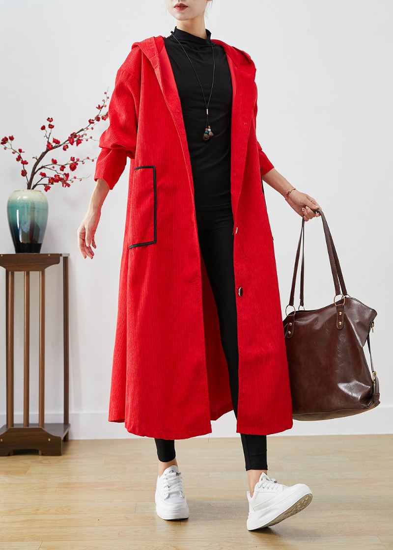 Trench-coat En Velours Côtelé Rouge À Capuche Et Grandes Poches Grande Taille Automne - Trenchs femmes