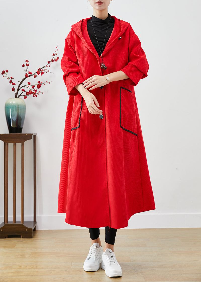 Trench-coat En Velours Côtelé Rouge À Capuche Et Grandes Poches Grande Taille Automne - Trenchs femmes