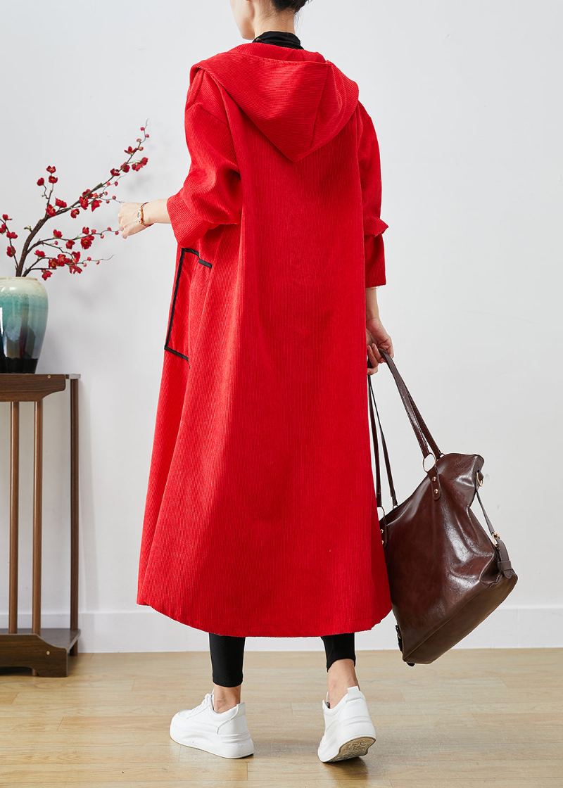 Trench-coat En Velours Côtelé Rouge À Capuche Et Grandes Poches Grande Taille Automne - Trenchs femmes