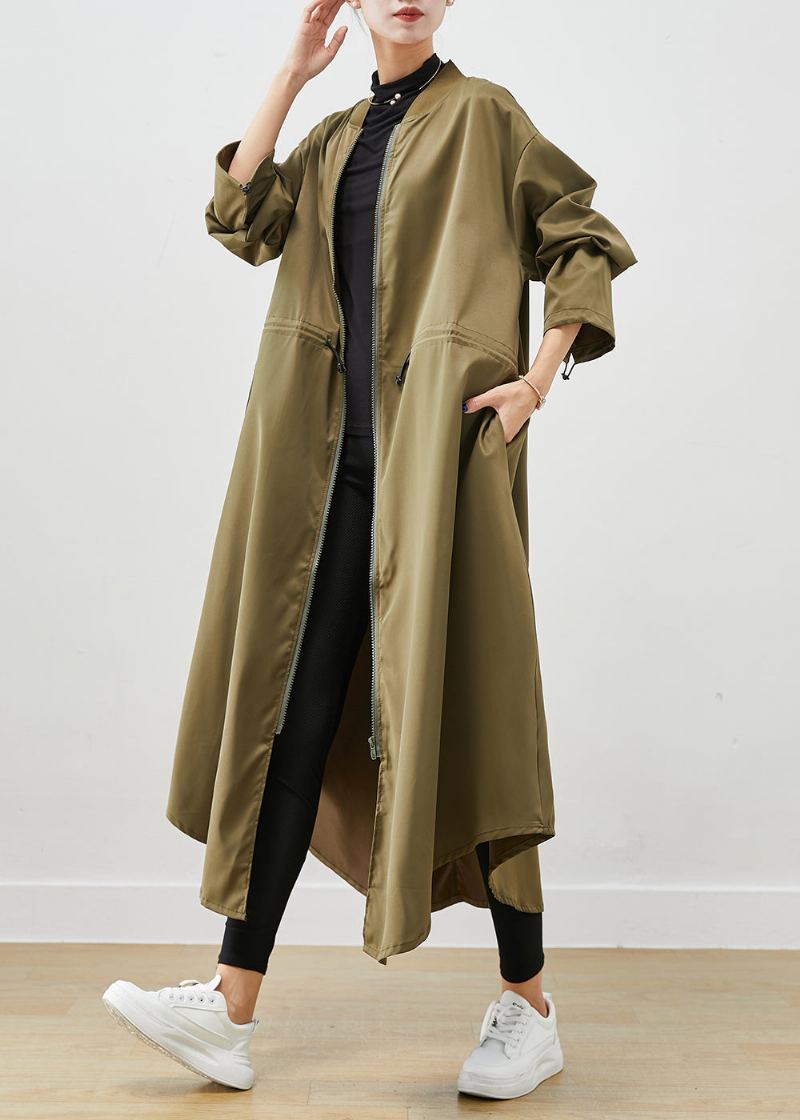 Trench-coat Vert Armée En Spandex Avec Fermeture Éclair Cordon De Serrage Automne