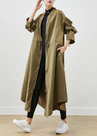 Trench-coat Vert Armée En Spandex Avec Fermeture Éclair Cordon De Serrage Automne