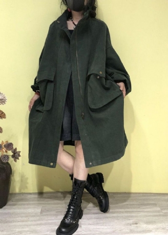 Trench-coat Vert À Col Montant Et Poches Zippées Grande Taille Automne