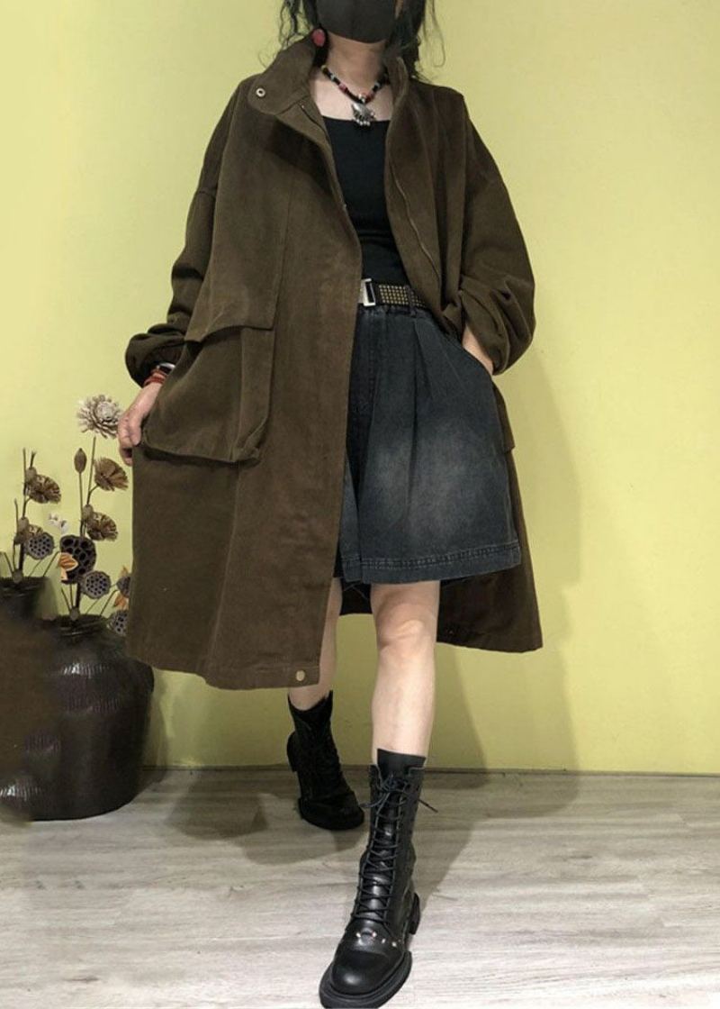 Trench-coat Vert À Col Montant Et Poches Zippées Grande Taille Automne - Vert