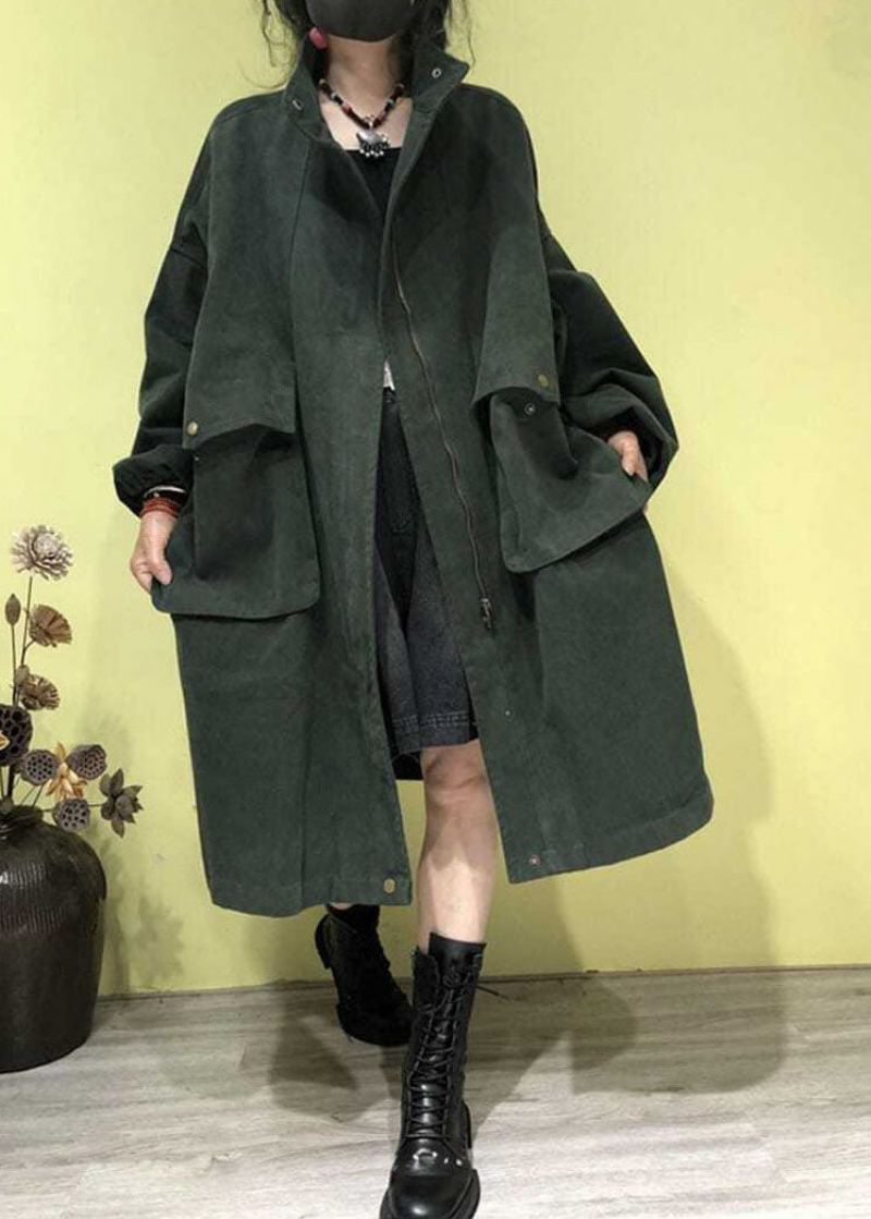 Trench-coat Vert À Col Montant Et Poches Zippées Grande Taille Automne - Vert